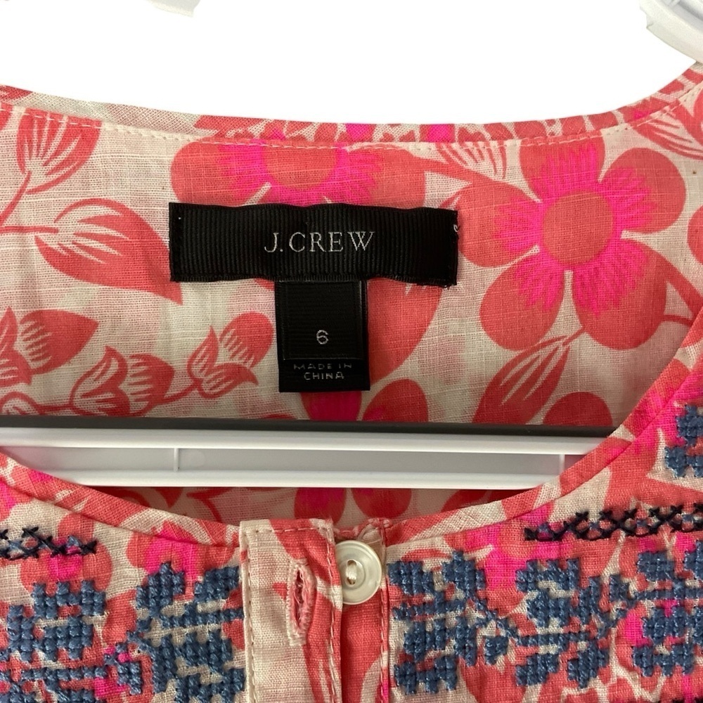 J.Crew Embroidered Floral Cotton Peasant Top Pink Blue Size 6 - Picture 7 of 9